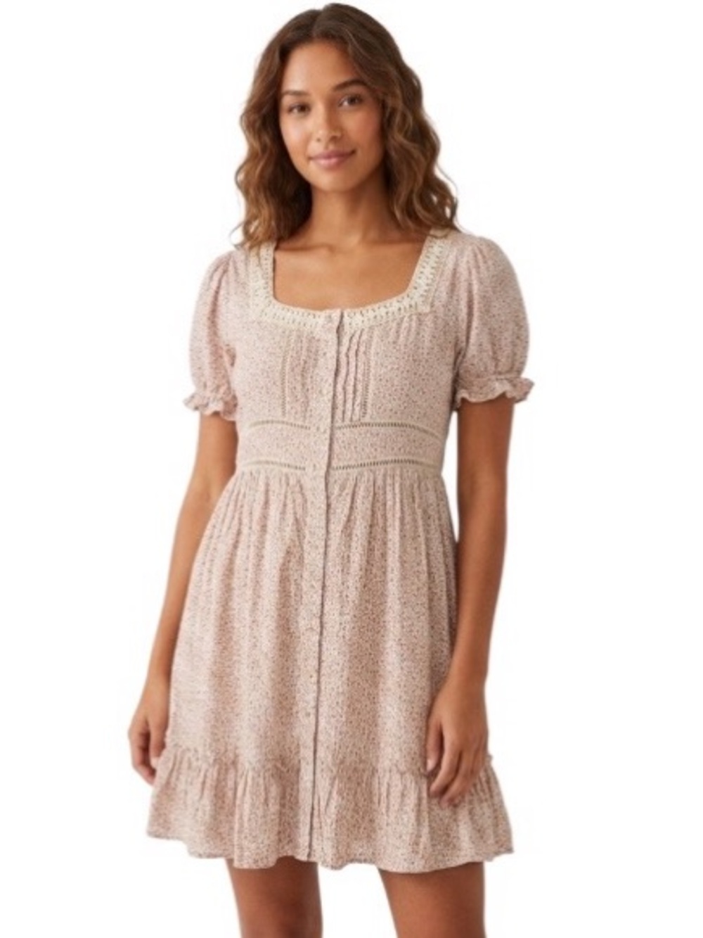 IN LOOM Cotton Mini Dress Boho Ditsy Print Square Neck Cottagecore Size Large